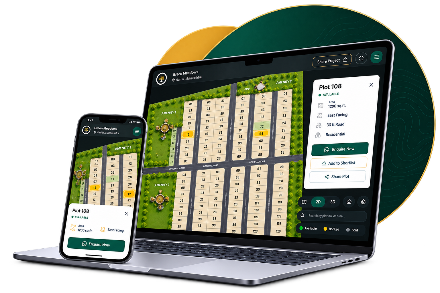 Realioz interactive plot map on laptop and mobile — Green Meadows, Nashik