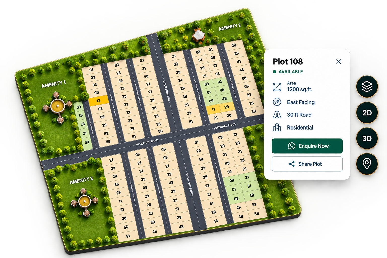 Interactive township layout with Plot 108 details — available, 1200 sq.ft., east facing